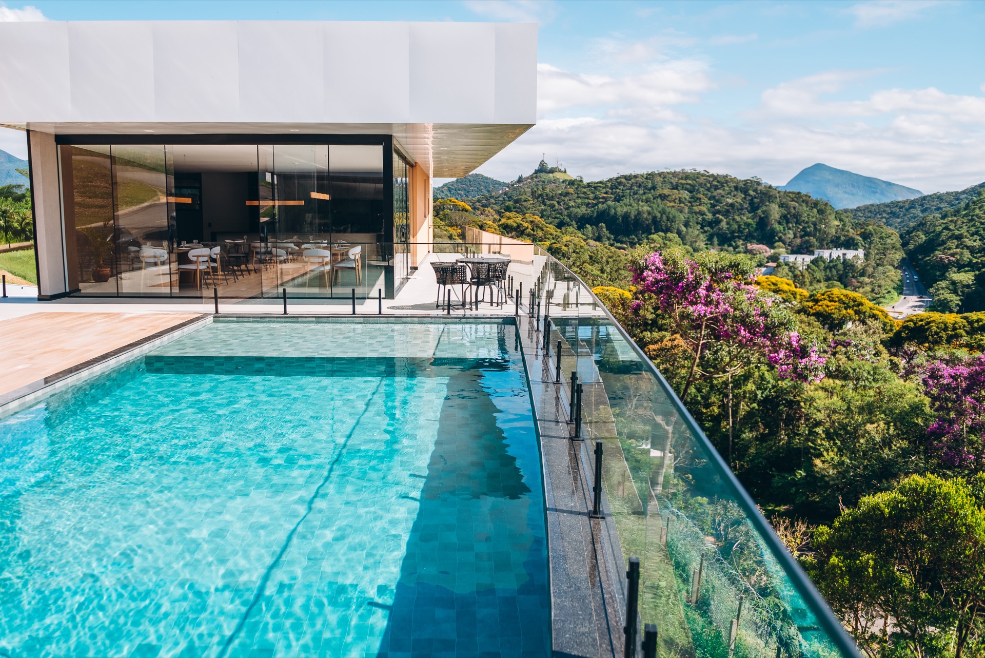 Piscina com ipês e montanha ao fundo